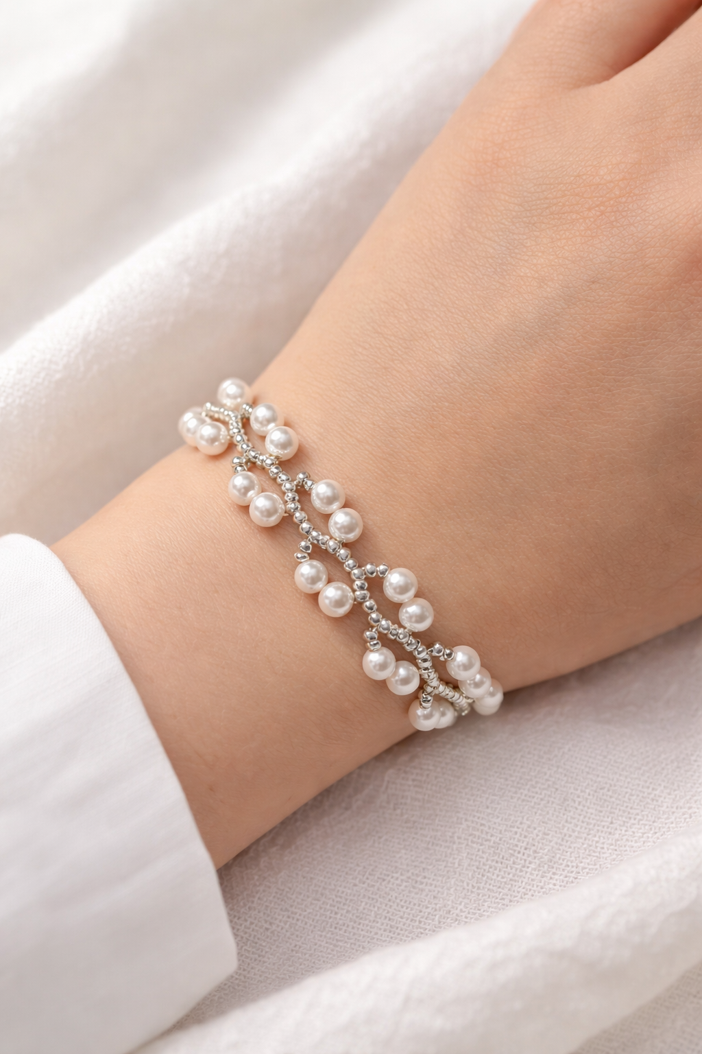 Elyuna Pearl Weave Bracelet - Silver